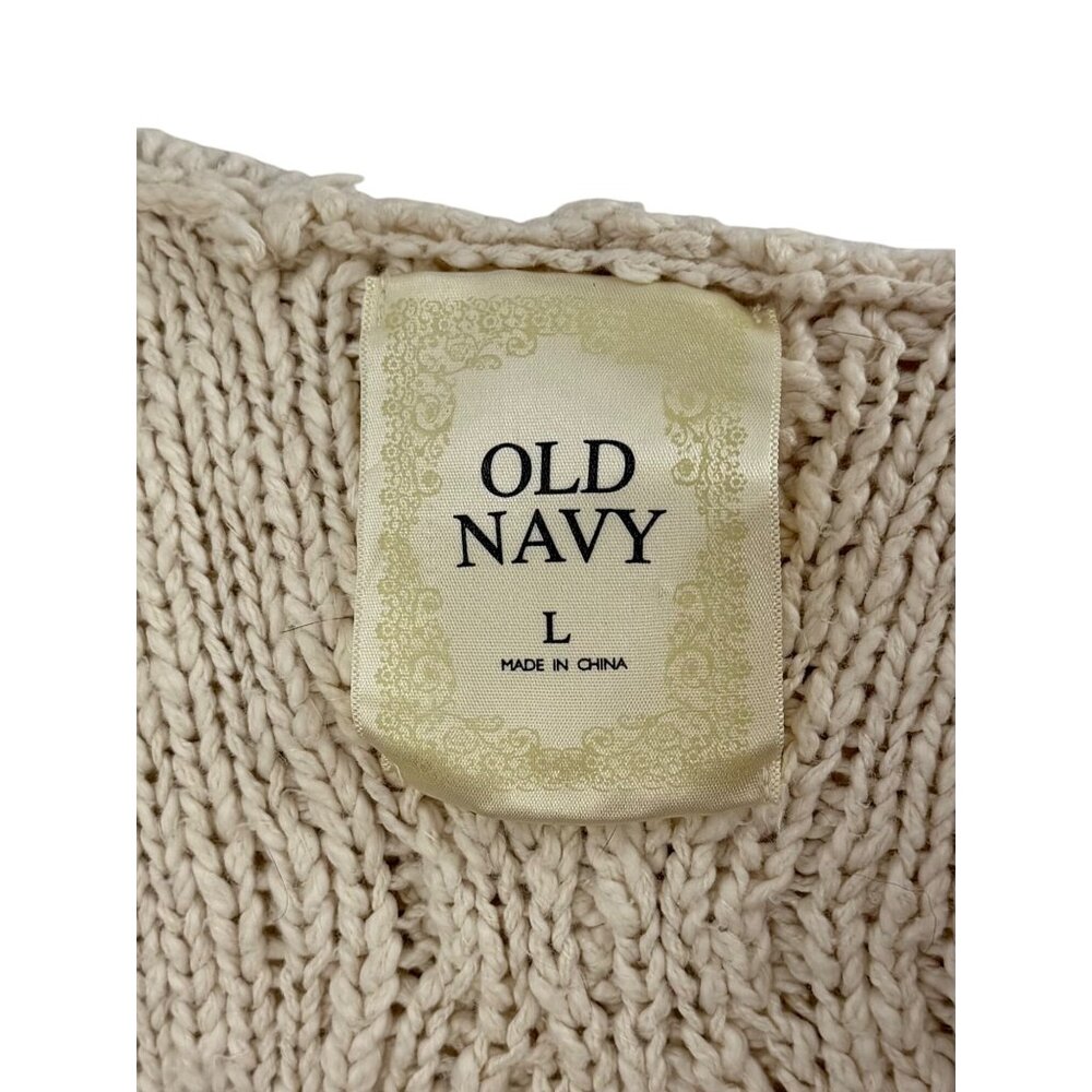 Vtg Y2K Old Navy Cream Cable Knit Faux Shearling Trim Hooded Boho Sweater Vest L - Picture 14 of 16